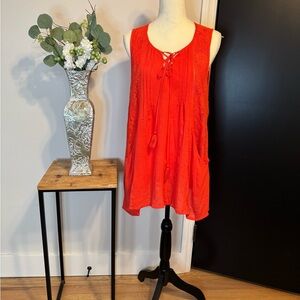 Kori Orange Tunic with Relaxed Tie Front Lace Accents and Pockets